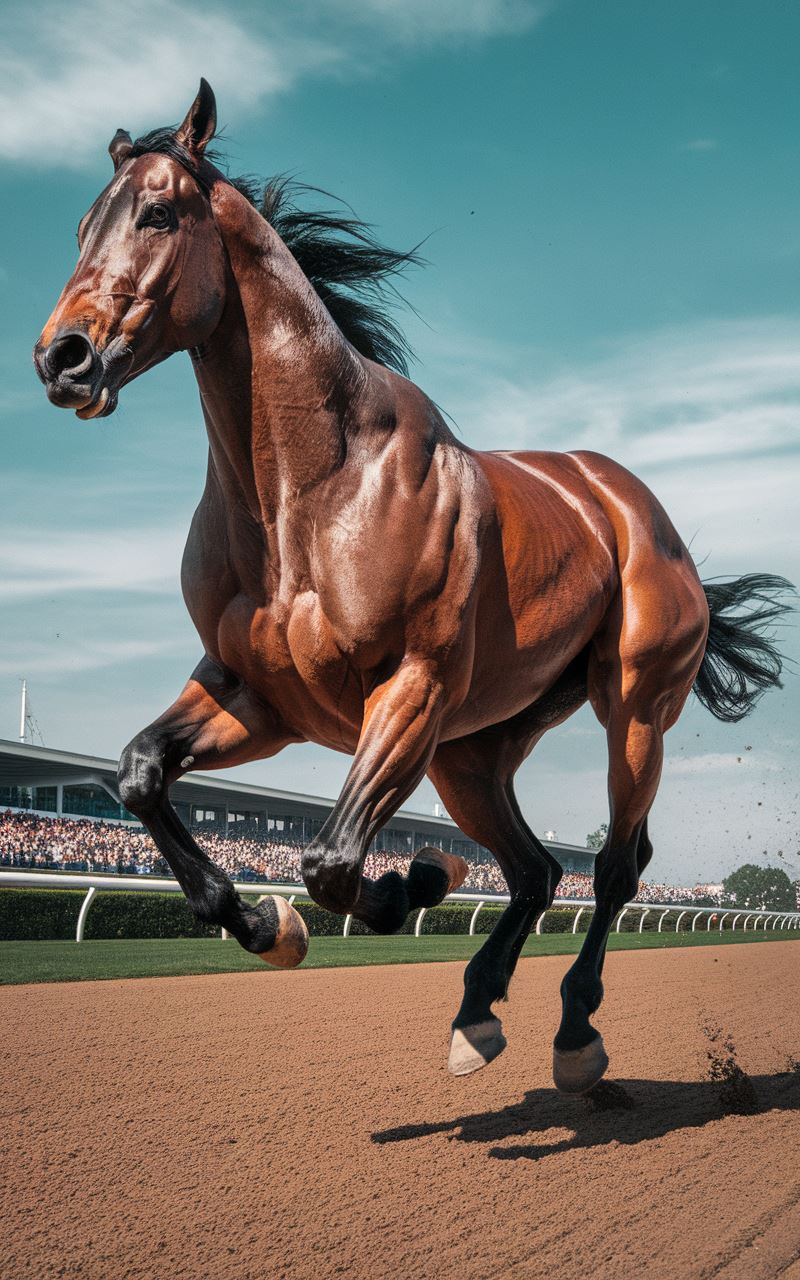 Cheval de course en plein effort, muscles saillants