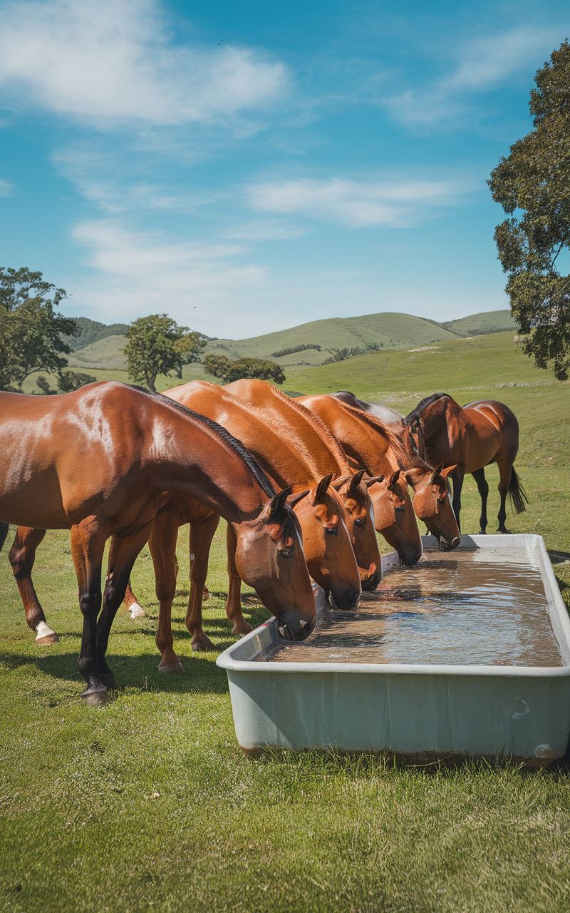 Cheval s'hydratant à un abreuvoir