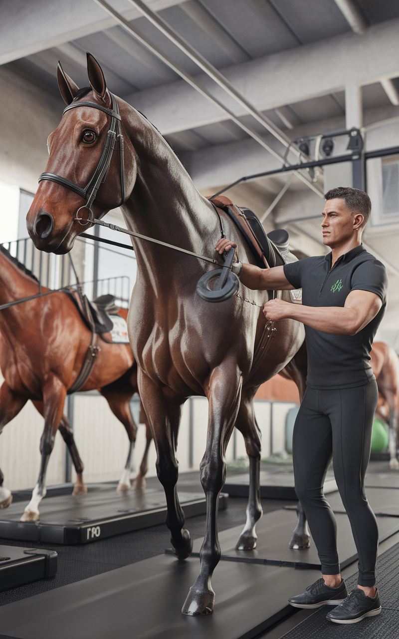 Cheval de course en plein exercice de musculation