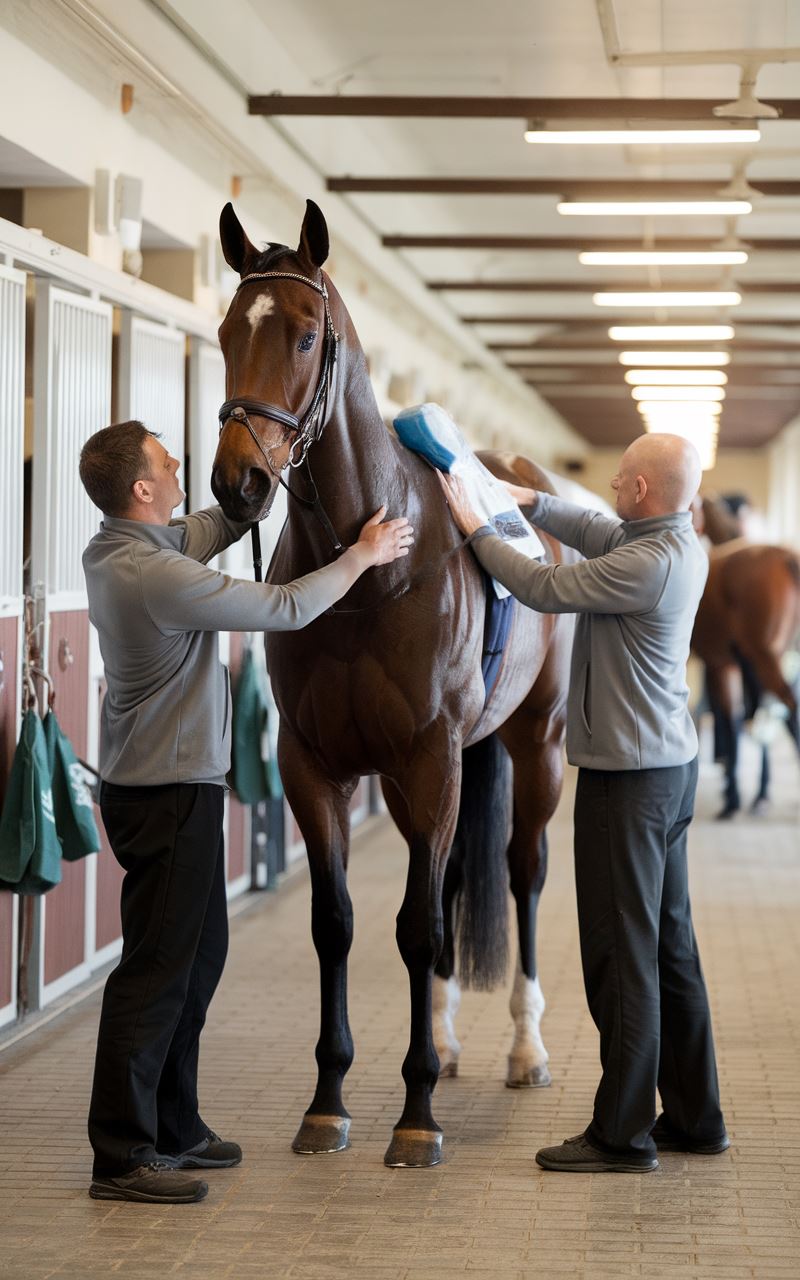 Soins des membres d'un cheval de course après l'entraînement